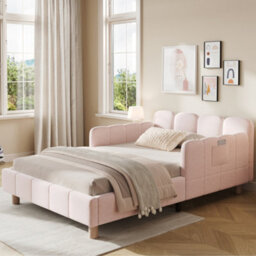 Single Upholstered Bed With Headboard, Safety Rail And Solid Wood Legs - thumbnail 2
