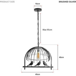 Ledsone Industrial Birdcage Pendant Ceiling Light Brushed Silver Gloss Metal Easy Fit Decorative Lampshade Adjustable Cable - thumbnail 2