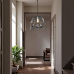 Ledsone Industrial Birdcage Pendant Ceiling Light Brushed Silver Gloss Metal Easy Fit Decorative Lampshade Adjustable Cable - thumbnail 6