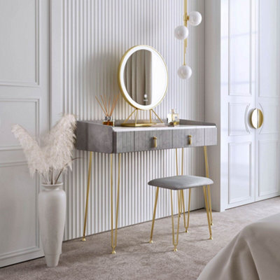 CARME Home Tokyo Glow Dove Grey Velvet Dressing Table With Led Touch Sensor Mirror - image 1