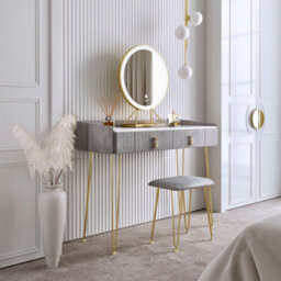 CARME Home Tokyo Glow Dove Grey Velvet Dressing Table With Led Touch Sensor Mirror