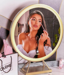 CARME Home Tokyo Glow Dove Grey Velvet Dressing Table With Led Touch Sensor Mirror - thumbnail 6
