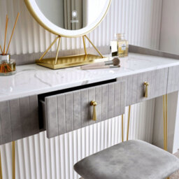 CARME Home Tokyo Glow Dove Grey Velvet Dressing Table With Led Touch Sensor Mirror - thumbnail 3