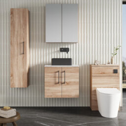 Nuie Arno Wall Hung 2-Door Vanity & Bellato Grey Laminate Worktop, Stylish Counter Top Vanity Unit In Bleached Oak, 600mm - thumbnail 4