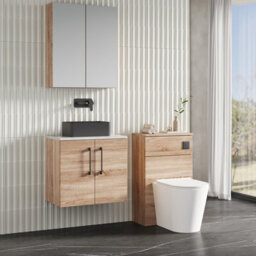 Nuie Arno Wall Hung 2-Door Vanity & Bellato Grey Laminate Worktop, Stylish Counter Top Vanity Unit In Bleached Oak, 600mm - thumbnail 3