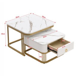 Abrihome Nestable High-Gloss Marble Coffee Table Set With Gold Accents & Drawer, 2-Piece - thumbnail 7