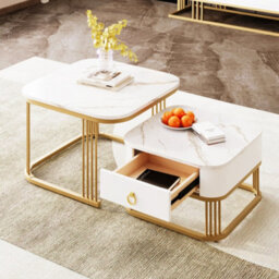 Abrihome Nestable High-Gloss Marble Coffee Table Set With Gold Accents & Drawer, 2-Piece - thumbnail 1