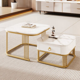 Abrihome Nestable High-Gloss Marble Coffee Table Set With Gold Accents & Drawer, 2-Piece - thumbnail 8