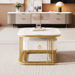 Abrihome Nestable High-Gloss Marble Coffee Table Set With Gold Accents & Drawer, 2-Piece - thumbnail 9