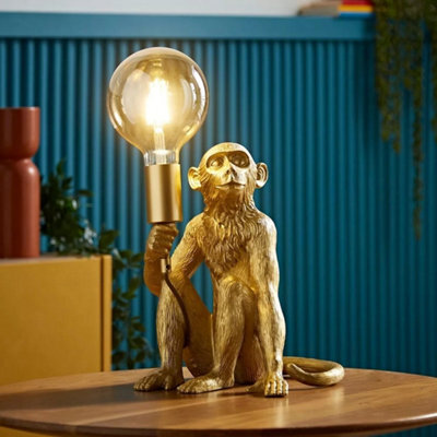 Gold Animal Table Lamp Monkey Holding Bulb 32Cm Tall Retro Living Room Light - image 1