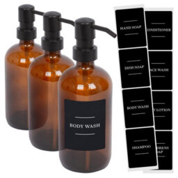 Harbour Housewares Glass Soap Dispensers With Labels - 500Ml - Amber/black - Pack Of 3 - thumbnail 1