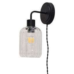First Choice Lighting Toby - Black Plug In Wall Light With Lozenge Ribbed Glass Shade - thumbnail 2