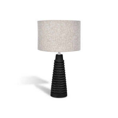 Solid Wood Table Lamp With Fabric Shade Brush Black Finish Ribbed Cone Base For Living Room Or Bedroom - image 1