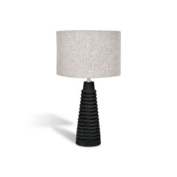 Solid Wood Table Lamp With Fabric Shade Brush Black Finish Ribbed Cone Base For Living Room Or Bedroom