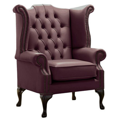 Chesterfield High Back Wing Chair Shelly Dark Grape Leather Bespoke In Queen Anne Style - image 1