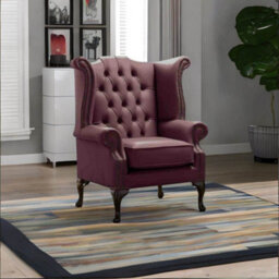 Chesterfield High Back Wing Chair Shelly Dark Grape Leather Bespoke In Queen Anne Style - thumbnail 3
