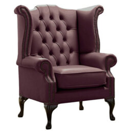 Chesterfield High Back Wing Chair Shelly Dark Grape Leather Bespoke In Queen Anne Style - thumbnail 1