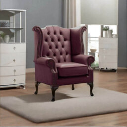 Chesterfield High Back Wing Chair Shelly Dark Grape Leather Bespoke In Queen Anne Style - thumbnail 2