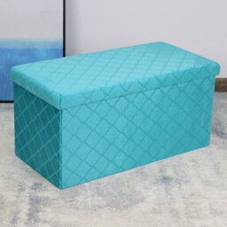 Foldable Velvet Lattice Trellis Storage Box Ottoman Cube 76Cmx38Cm For Bedroom, Living Room, Hallway - Teal - thumbnail 1