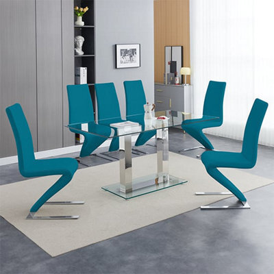 Furniture In Fashion Jet Large Clear Glass Dining Table With 6 Demi Z Teal Chairs - image 1