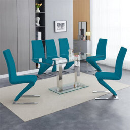 Furniture In Fashion Jet Large Clear Glass Dining Table With 6 Demi Z Teal Chairs - thumbnail 1