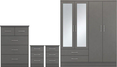 Seconique Nevada 4 Door 2 Drawer Mirrored Wardrobe Set 3D Grey 2 Man Del