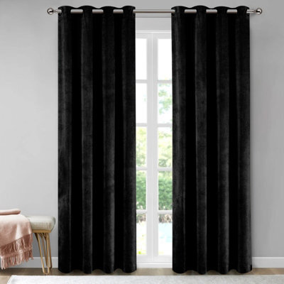 Aspire Homeware Black Velvet Curtain Room Darkening Blackout Eyelet Curtain Pair (W)228Cm X (D)228Cm With Tie Back Pair