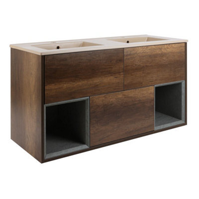Homestylestore Dark Oak 1212mm Wall Hung Bathroom Vanity Unit Led Lit Open Shelf And Sand Basin - image 1