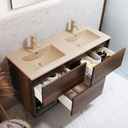 Homestylestore Dark Oak 1212mm Wall Hung Bathroom Vanity Unit Led Lit Open Shelf And Sand Basin - thumbnail 2