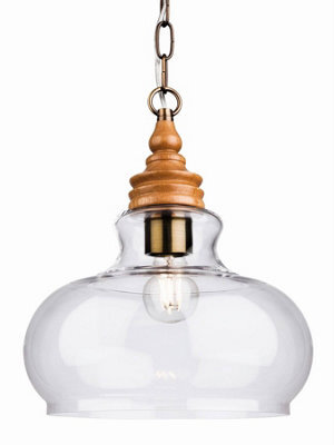 Luminosa Lighting Luminosa Comet 1 Light Dome Ceiling Pendant Natural Wood With Clear Glass, E27