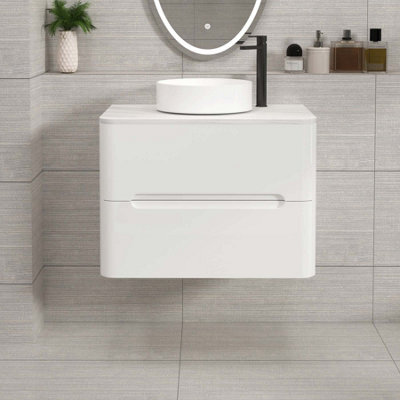 Royal Bathrooms Venice 700mm Gloss White Wall Mounted Vanity Unit 2 Drawer With Carrara White Undrilled Worktop & Without Basin - image 1
