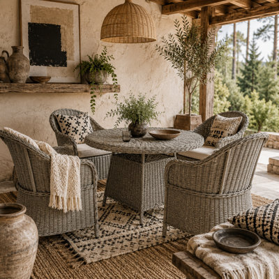 Wyld Haus Sepa 4-Seater Grey And Sand Brown Rattan Outdoor Dining Set With Glass Top And Parasol Hole - image 1