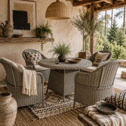 Wyld Haus Sepa 4-Seater Grey And Sand Brown Rattan Outdoor Dining Set With Glass Top And Parasol Hole