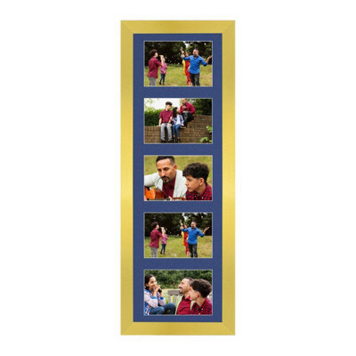 AK Frames 26X8 Gold Sleek Multi Photo Frame With Blue Mount - Holds 5 Apertures (5X) 6X4 Photos - image 1