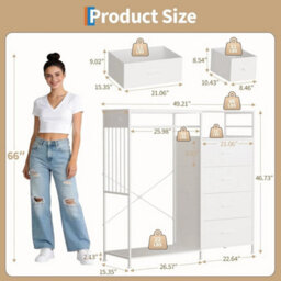 White 6 Drawer Dresser With Hanging Rack For Bedroom - thumbnail 2