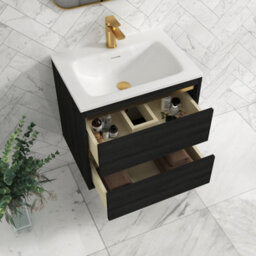 Royal Bathrooms Orion 600mm Wall Hung Bathroom Vanity Unit 2 Drawer Hale Black With Matt Stone Basin & Brushed Brass Accent Trim - thumbnail 5
