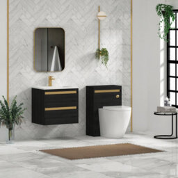 Royal Bathrooms Orion 600mm Wall Hung Bathroom Vanity Unit 2 Drawer Hale Black With Matt Stone Basin & Brushed Brass Accent Trim - thumbnail 4