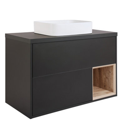 Homestylestore Black Grey 1000mm Led Lit Wall Hung Bathroom Vanity Unit With Rectangular Chalk Countertop Basin - image 1