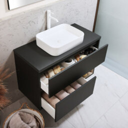 Homestylestore Black Grey 1000mm Led Lit Wall Hung Bathroom Vanity Unit With Rectangular Chalk Countertop Basin - thumbnail 2