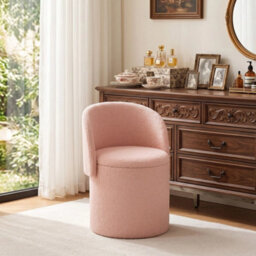 Pink Storage Stool Round Vanity Chair With Backrest For Bedroom Makeup - thumbnail 1