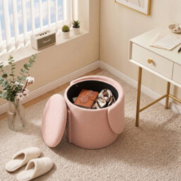 Pink Storage Stool Round Vanity Chair With Backrest For Bedroom Makeup - thumbnail 3