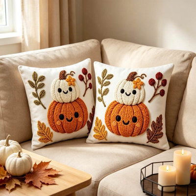 Amorly 2Pack Halloween Throw Pillow Covers, 2D Printed Stack Up Smiling Pumpkins&foliage,cushion Case Without Insert, Home Decoration - image 1