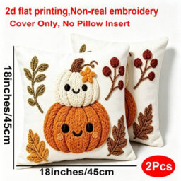 Amorly 2Pack Halloween Throw Pillow Covers, 2D Printed Stack Up Smiling Pumpkins&foliage,cushion Case Without Insert, Home Decoration - thumbnail 3