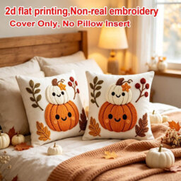 Amorly 2Pack Halloween Throw Pillow Covers, 2D Printed Stack Up Smiling Pumpkins&foliage,cushion Case Without Insert, Home Decoration - thumbnail 4