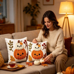 Amorly 2Pack Halloween Throw Pillow Covers, 2D Printed Stack Up Smiling Pumpkins&foliage,cushion Case Without Insert, Home Decoration - thumbnail 7