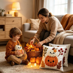 Amorly 2Pack Halloween Throw Pillow Covers, 2D Printed Stack Up Smiling Pumpkins&foliage,cushion Case Without Insert, Home Decoration - thumbnail 6