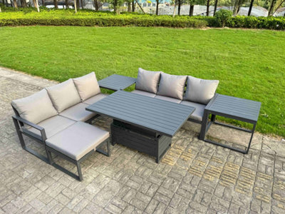 Fimous 6 Pieces Garden Furniture Set Aluminium Adjustable Rising Lifting Dining Table And Sofa Set Dark Grey - image 1