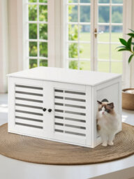 Ledrem Cat Litter Box Cabinet Furniture With Removable Divider, Cat House End Table, White - thumbnail 1