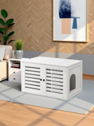 Ledrem Cat Litter Box Cabinet Furniture With Removable Divider, Cat House End Table, White - thumbnail 2
