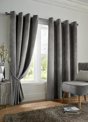 Luxury Living Velvet Effect Blackout Ring Top Curtains Silver - image 1